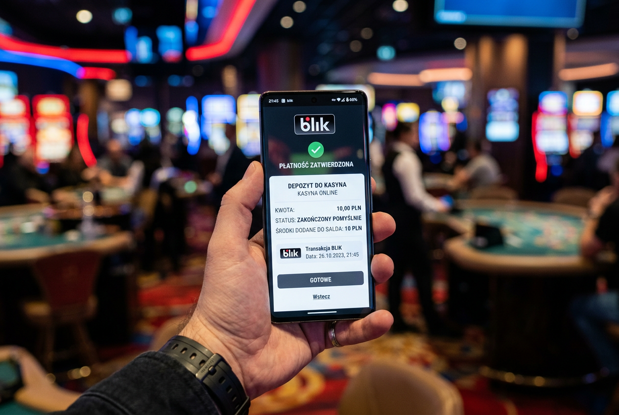 Smartphone displaying BLIK mobile payment confirmation for a casino deposit