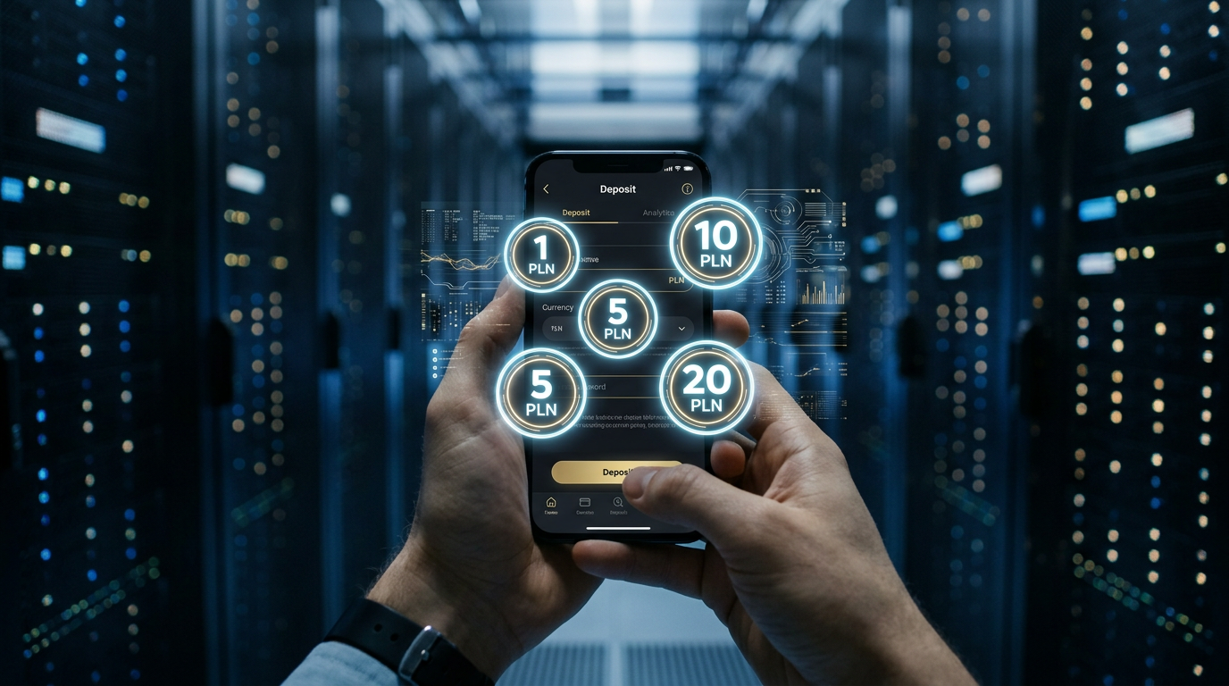 Futuristic mobile casino interface with low deposit options and analytical background.