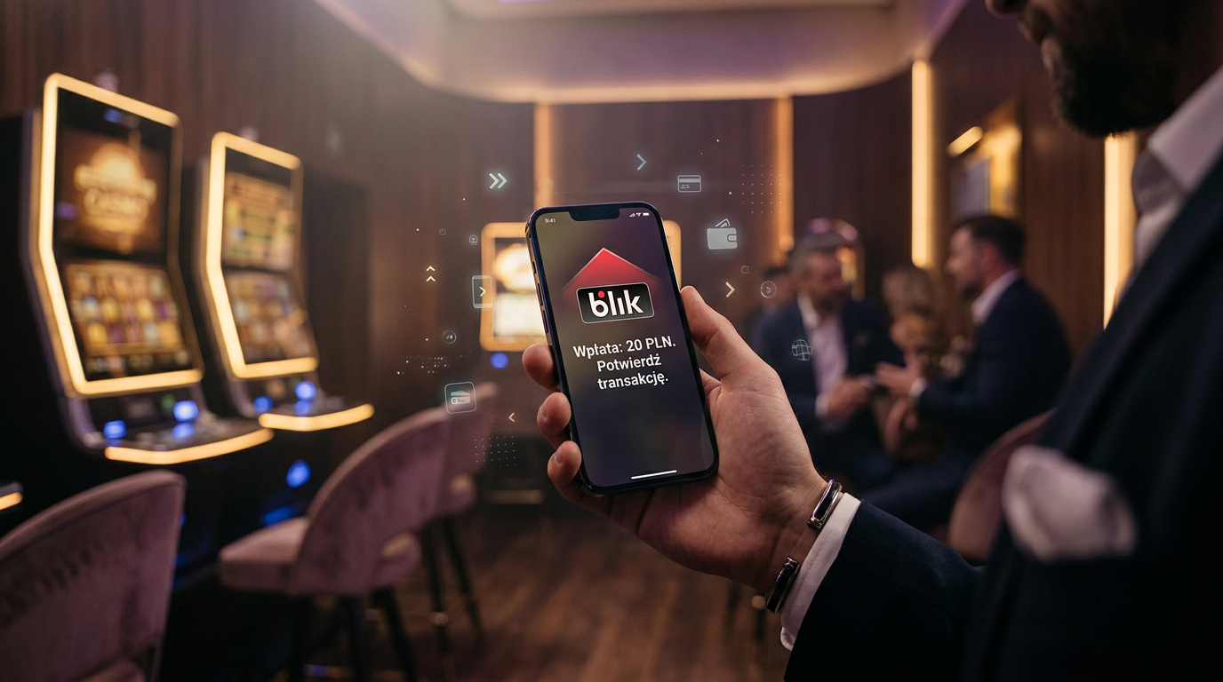 Smartfon z potwierdzeniem płatności BLIK 20 zł w nowoczesnym kasynie