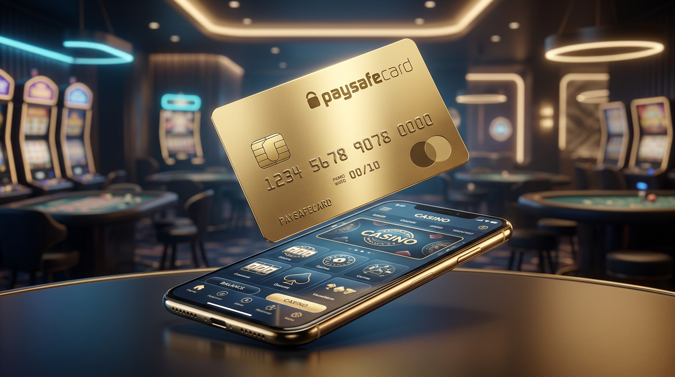 Złoty voucher Paysafecard i smartfon z aplikacją kasyna online w luksusowej oprawie
