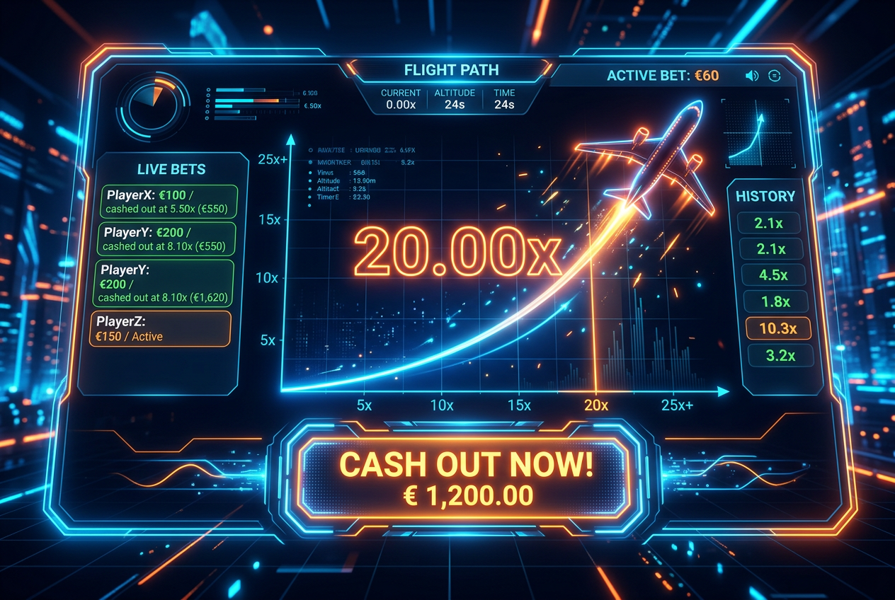 Schemat mechaniki gry crash z rosnącym mnożnikiem