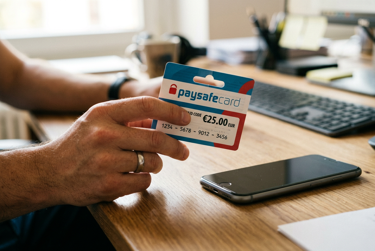 Fizyczny voucher Paysafecard obok smartfona z uruchomioną aplikacją kasyna online