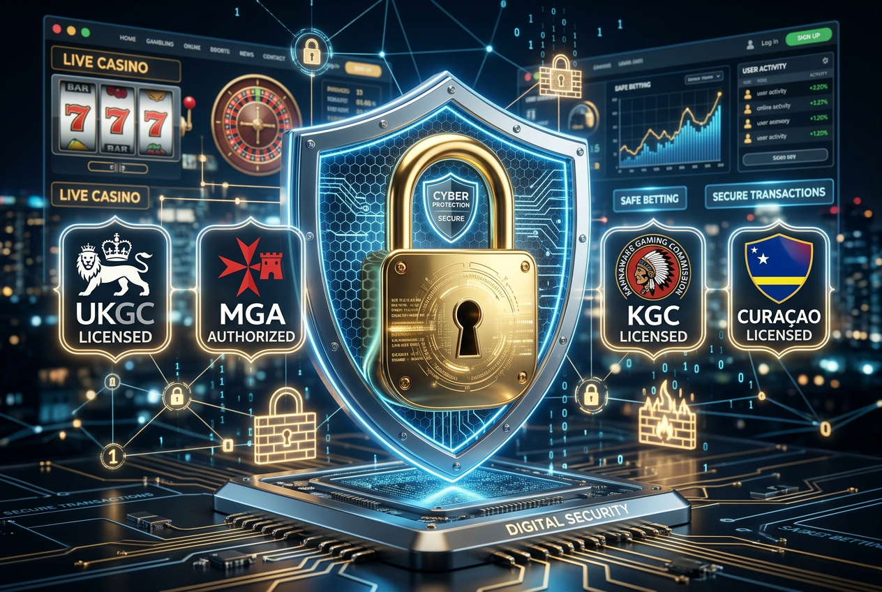 Digital security and gambling license symbols representing safe gaming environment