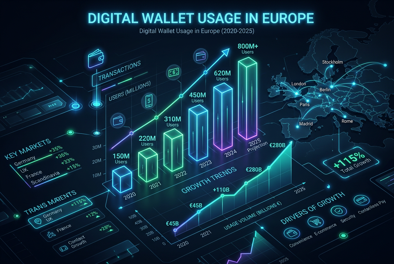 Infografika przedstawiająca wzrost popularności portfeli cyfrowych w Europie 2026